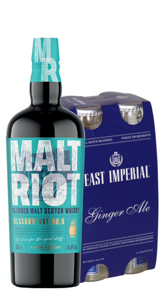 Malt Riot Blended Scotch & East imperial gingerale pack